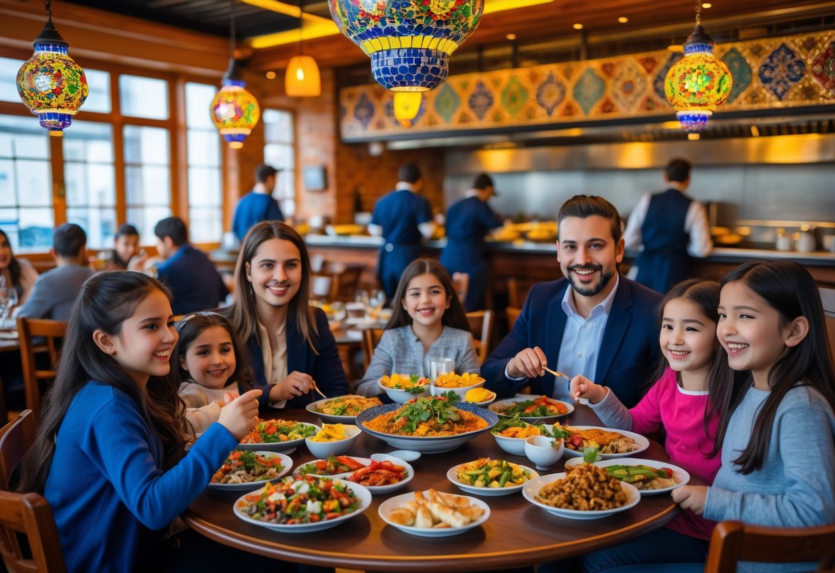 Families and groups enjoying a meal together in a warmly decorated Turkish restaurant with traditional decor and shared plates of food.
