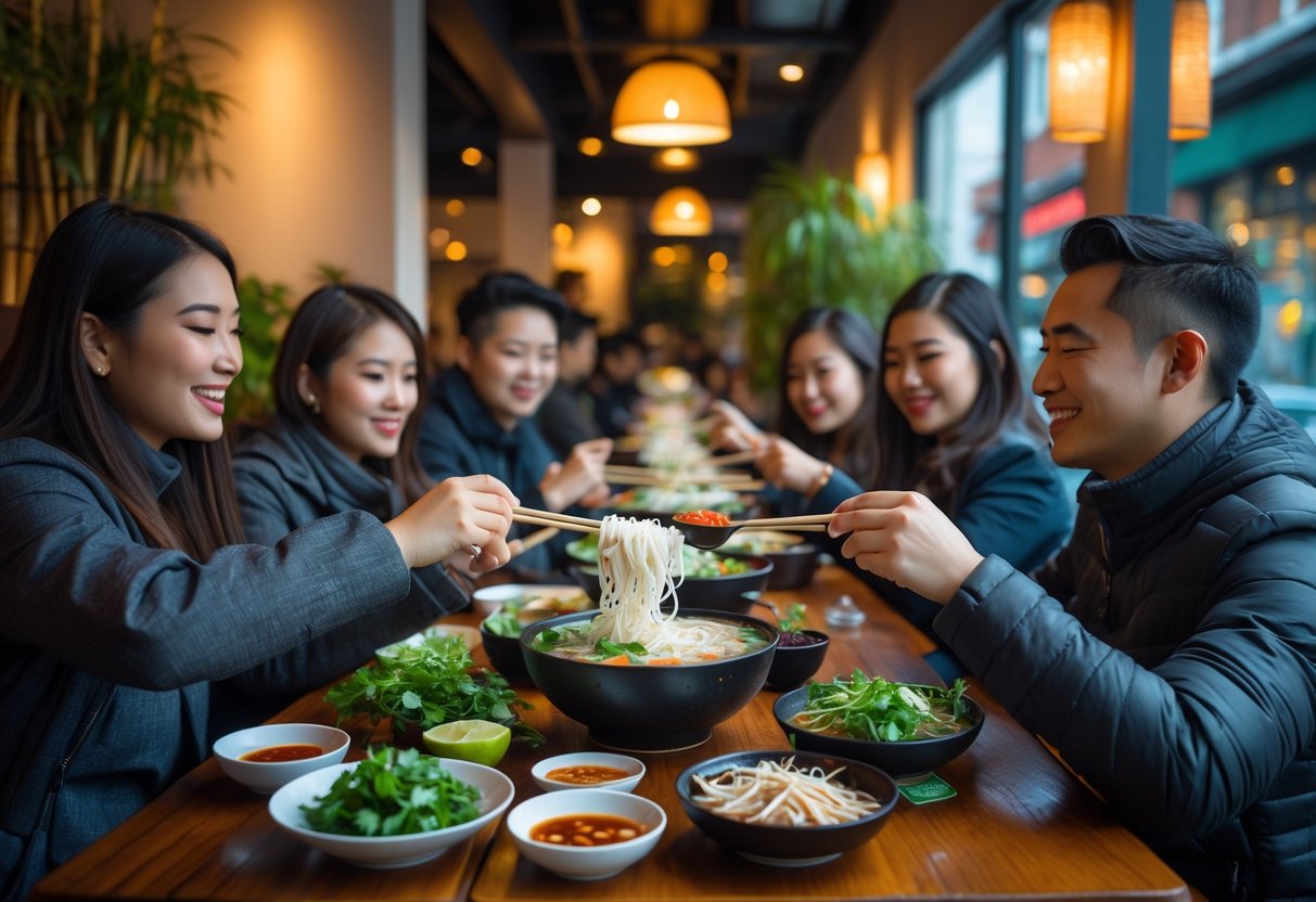 People enjoying bowls of Vietnamese pho with fresh herbs and condiments at a cozy restaurant in Dublin.