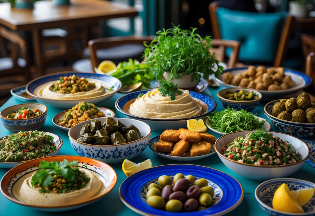 A table filled with a variety of Lebanese and Middle Eastern dishes including hummus, tabbouleh, falafel, and shawarma, set in a cozy dining setting with natural light.