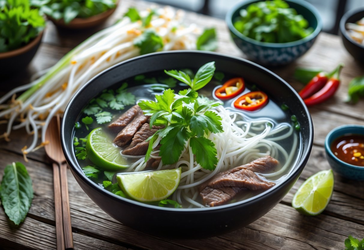A bowl of Vietnamese pho with beef, noodles, fresh herbs, lime wedges, and chili peppers on a wooden table, accompanied by traditional ingredients and sauces.
