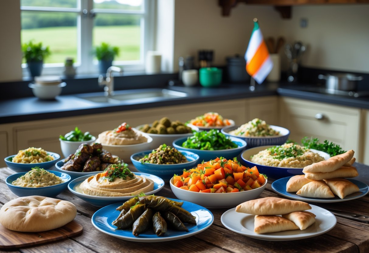 A table with a variety of traditional Lebanese dishes in a modern kitchen with an Irish flag and a green landscape visible through the window.