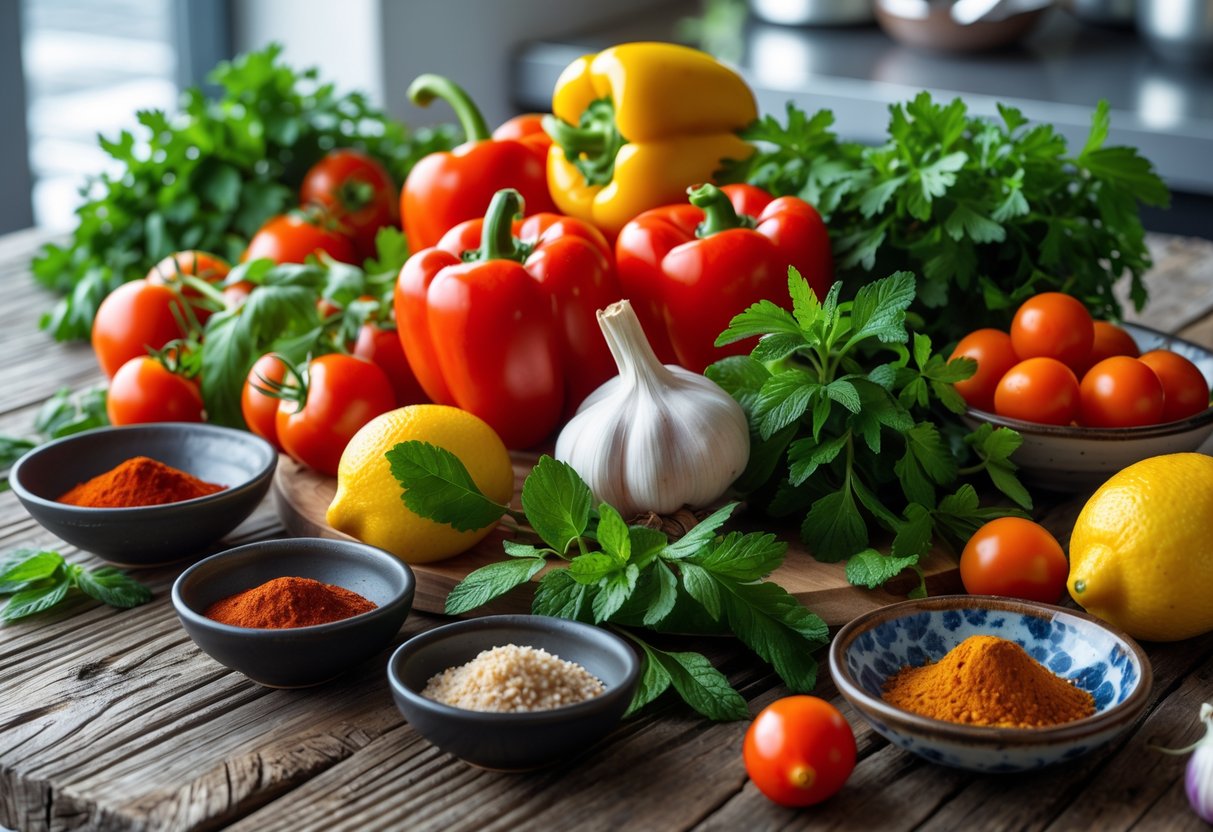 Fresh vegetables, herbs, and spices arranged on a wooden table in a clean kitchen setting.