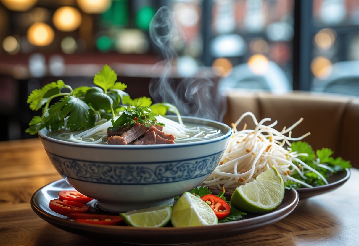 A steaming bowl of Vietnamese pho with fresh herbs and lime on a wooden table in a modern restaurant setting.