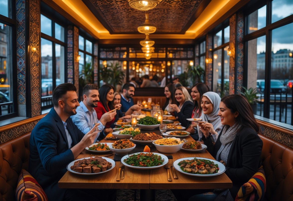 Interior of a Turkish restaurant in Dublin with people enjoying traditional dishes at wooden tables, featuring warm lighting and colorful decor.