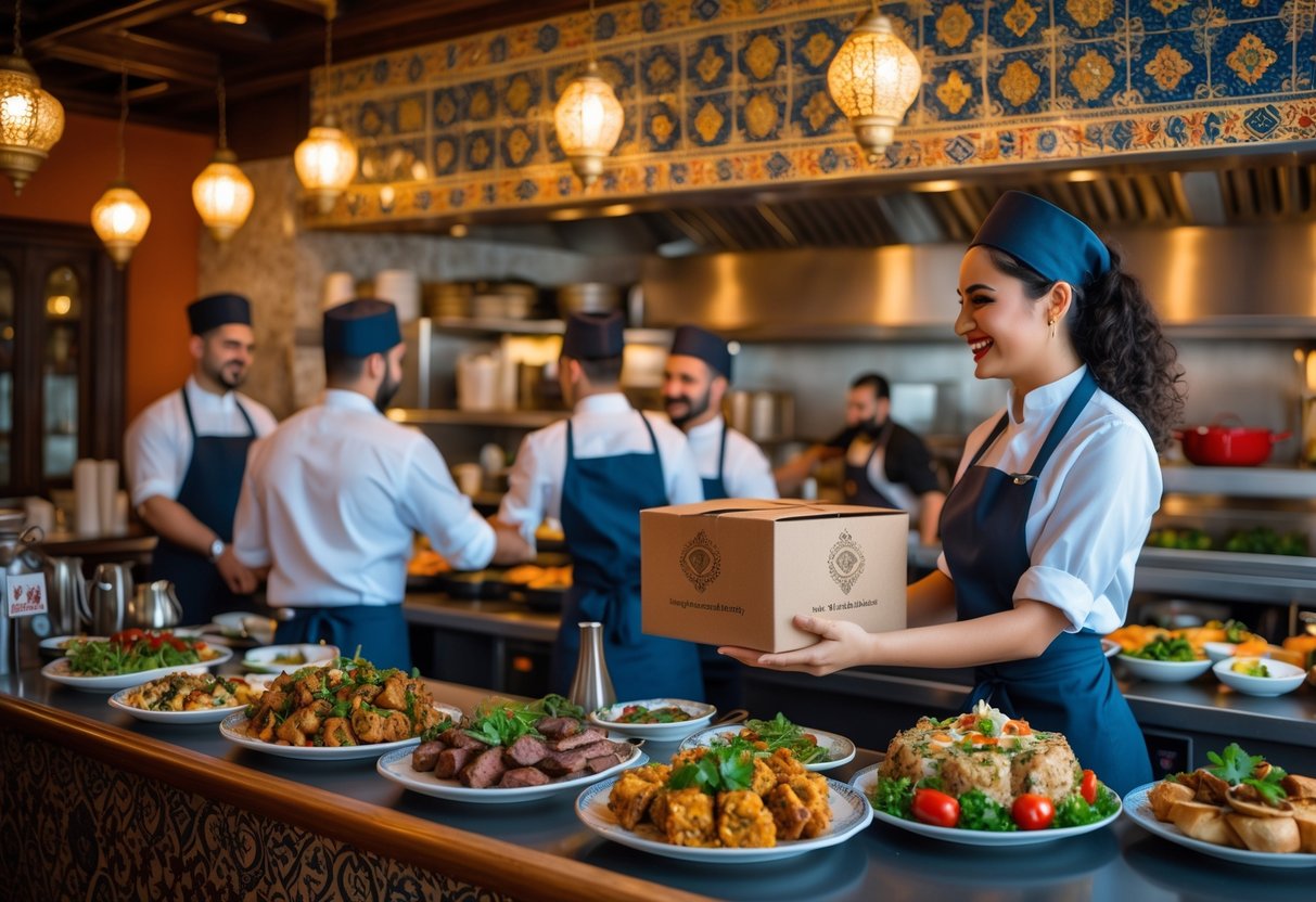 A Turkish restaurant interior with a staff member handing a takeaway box to a customer, chefs preparing food in the background, and traditional decor.