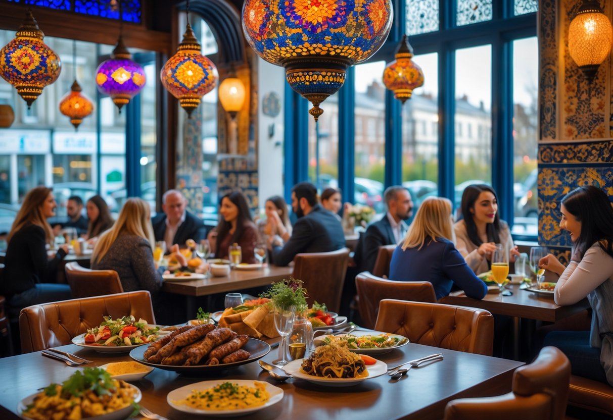 Interior of a Turkish restaurant in Dublin with customers enjoying traditional dishes at decorated tables.