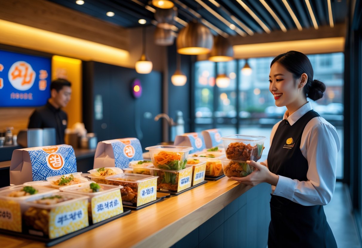A modern Korean BBQ restaurant counter in Dublin with packaged takeaway boxes and a staff member handing food to a customer.