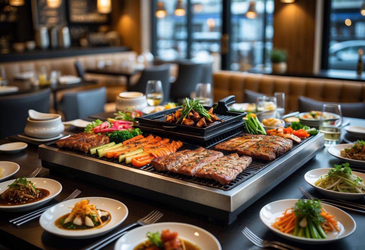 A Korean BBQ dining table with a built-in grill, fresh meats, vegetables, and side dishes in a modern restaurant setting.