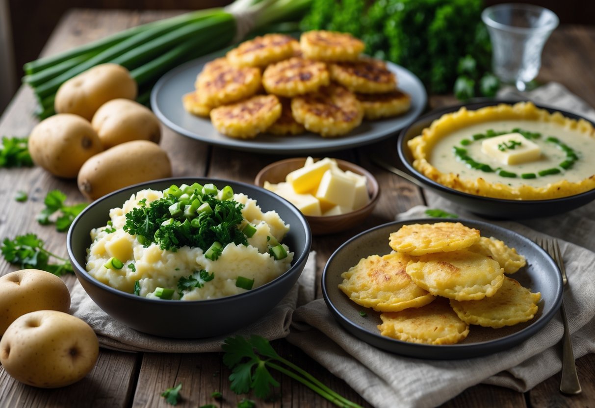 A table set with traditional Irish vegetarian dishes made from potatoes, including mashed potatoes with greens, potato farls, and champ topped with butter and chives.