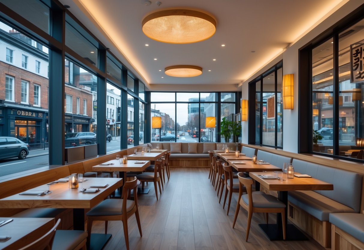 Interior of a Korean BBQ restaurant in Dublin with tables featuring built-in grills, accessible seating, and large windows showing city streets outside.