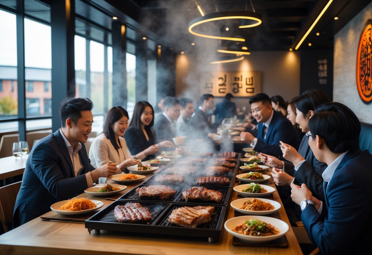 People enjoying Korean BBQ at a modern restaurant with built-in grills and traditional side dishes on wooden tables.