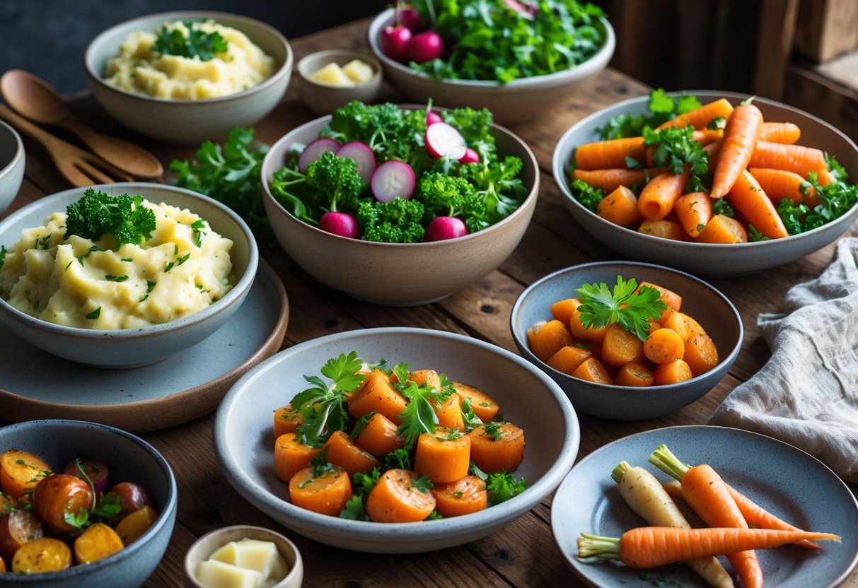 A table with several bowls and plates of colorful vegetarian Irish sides and salads including mashed potatoes with kale, mixed greens, buttered carrots, and roasted root vegetables.