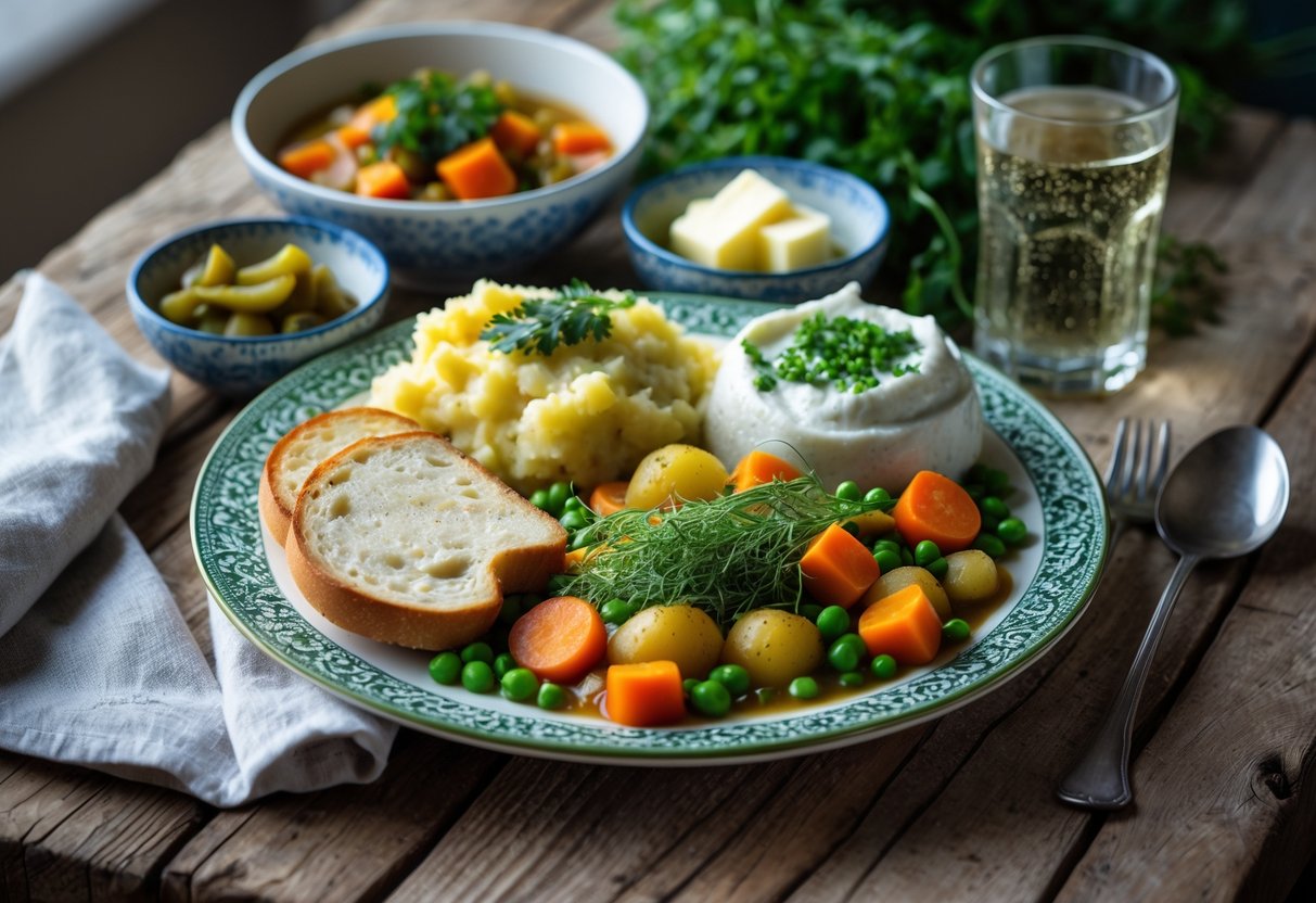 A plate of vegetarian Irish food including colcannon, soda bread, and vegetable stew on a wooden table with small bowls of accompaniments and a glass of water.