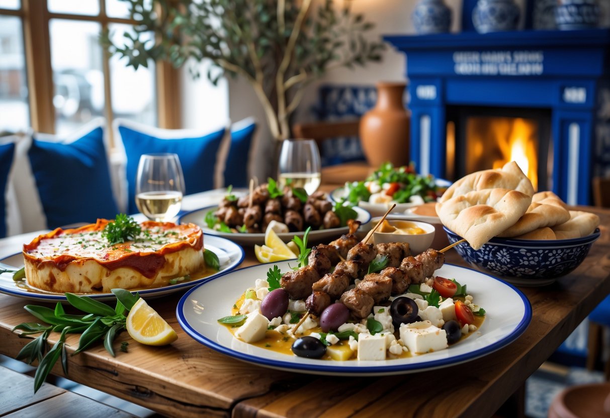 A table set with traditional Greek dishes including moussaka, souvlaki, Greek salad, and pita bread inside a cozy restaurant with Mediterranean decor.