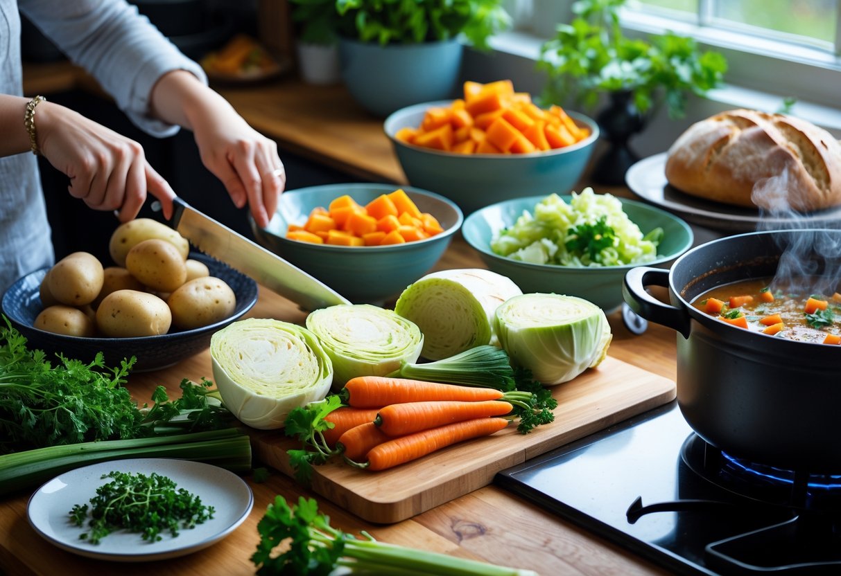 A kitchen scene showing fresh vegetables, a person chopping vegetables, a pot cooking on the stove, and a loaf of soda bread on the counter.