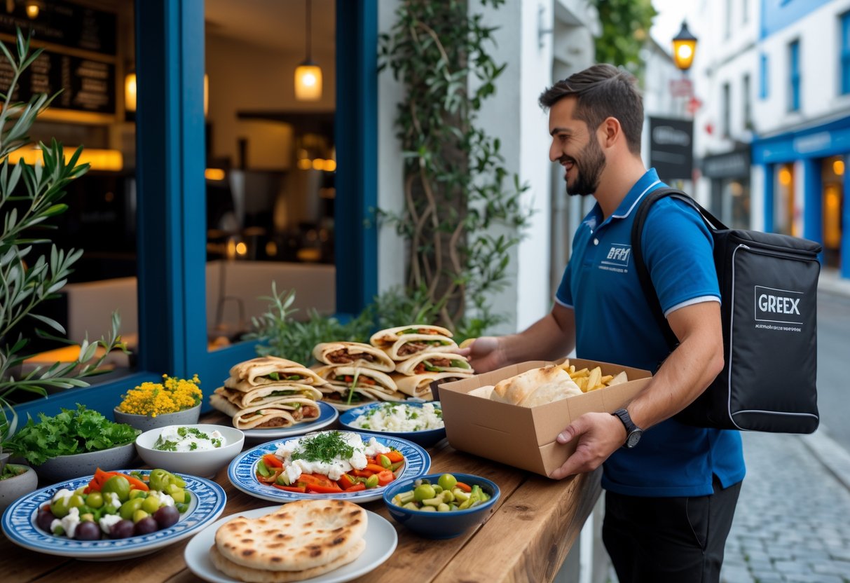 A person receives a takeaway box of Greek food from a delivery person outside a restaurant with Greek dishes displayed on a table nearby.