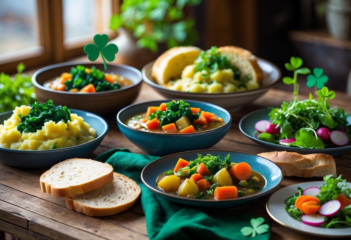 A table set with a variety of traditional Irish vegetarian dishes including mashed potatoes with kale, vegetable stew, soda bread, and a fresh salad.