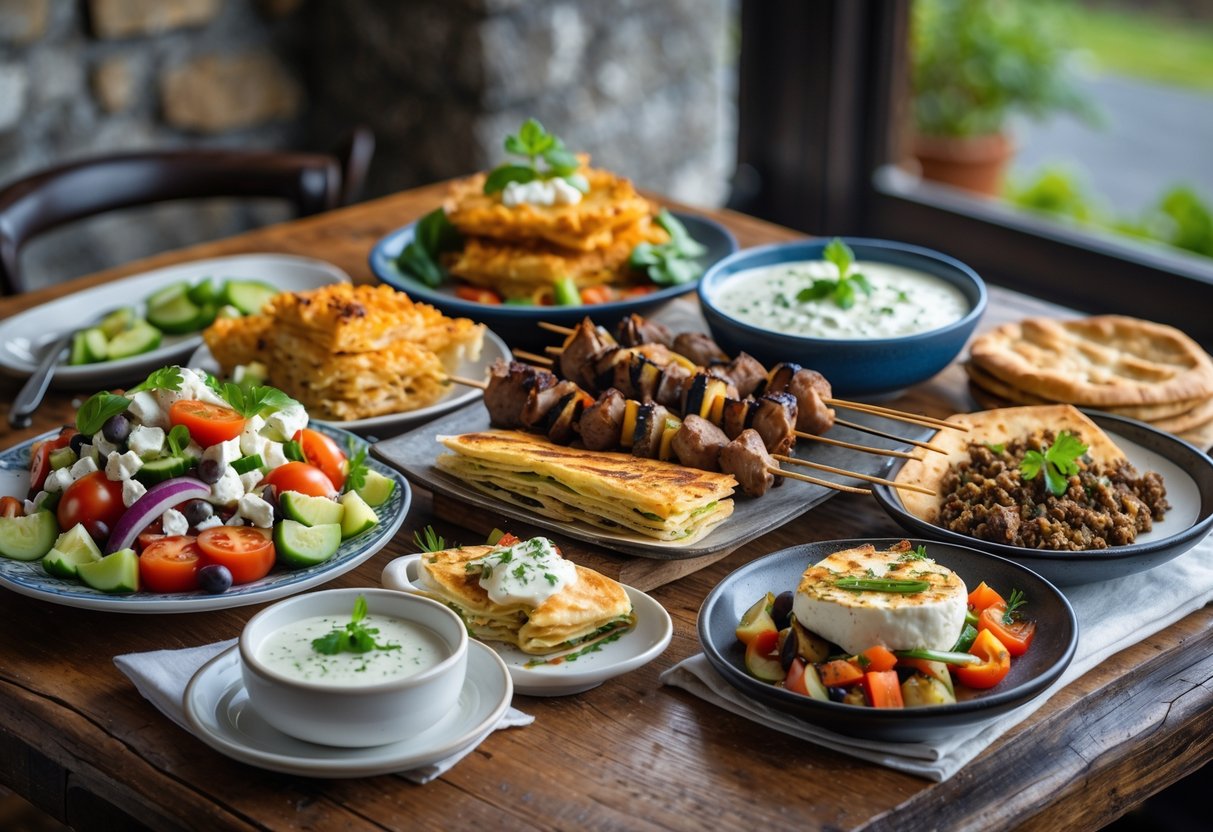 A table with various popular Greek dishes including salad, spanakopita, souvlaki, tzatziki, pita bread, and moussaka, set in a cozy restaurant environment in Cork.