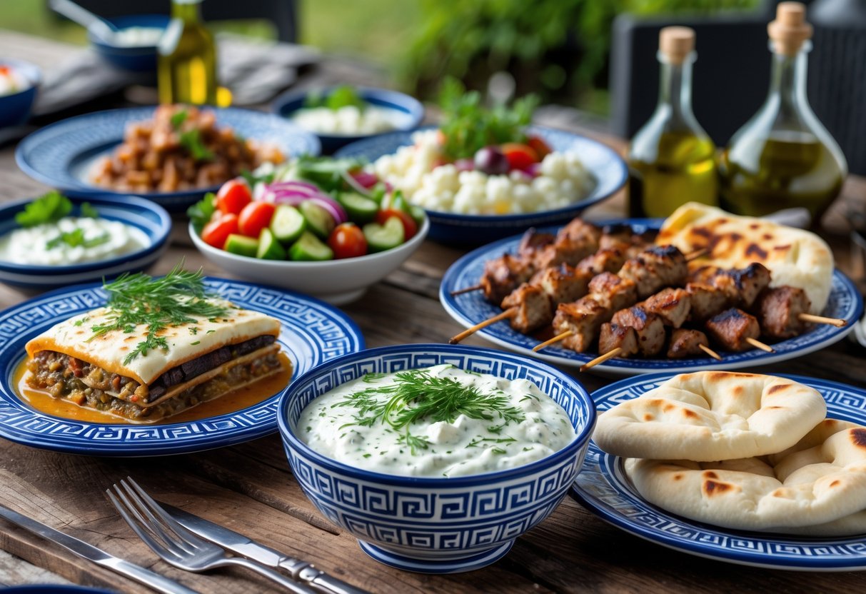 A table set outdoors with traditional Greek dishes including moussaka, Greek salad, souvlaki skewers, tzatziki sauce, and pita bread on a wooden table.
