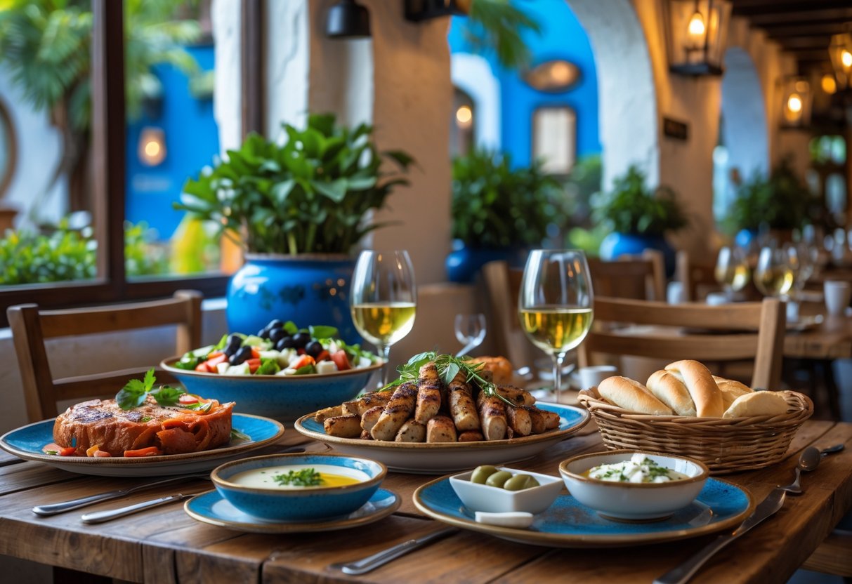 A table set with traditional Greek dishes and drinks inside a cozy restaurant with Mediterranean decor and warm lighting.