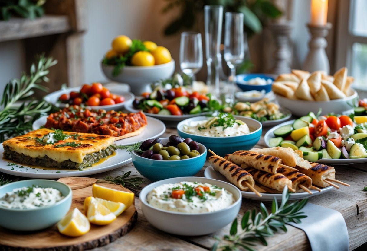 A table with a variety of traditional Greek dishes including salad, grilled skewers, and dips arranged for a special occasion.
