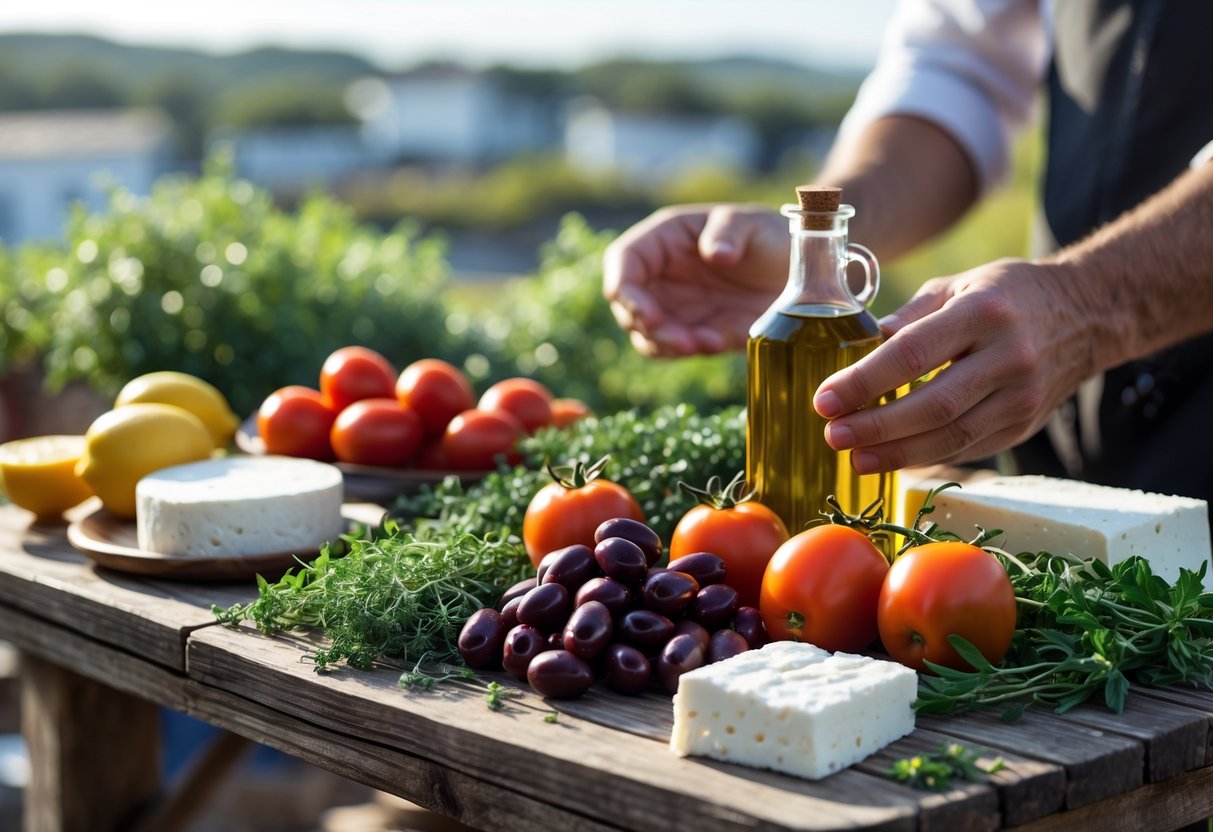 A rustic wooden table outdoors with fresh Greek ingredients like tomatoes, olives, herbs, feta cheese, and olive oil, with a hand arranging them and a blurred market or landscape in the background.