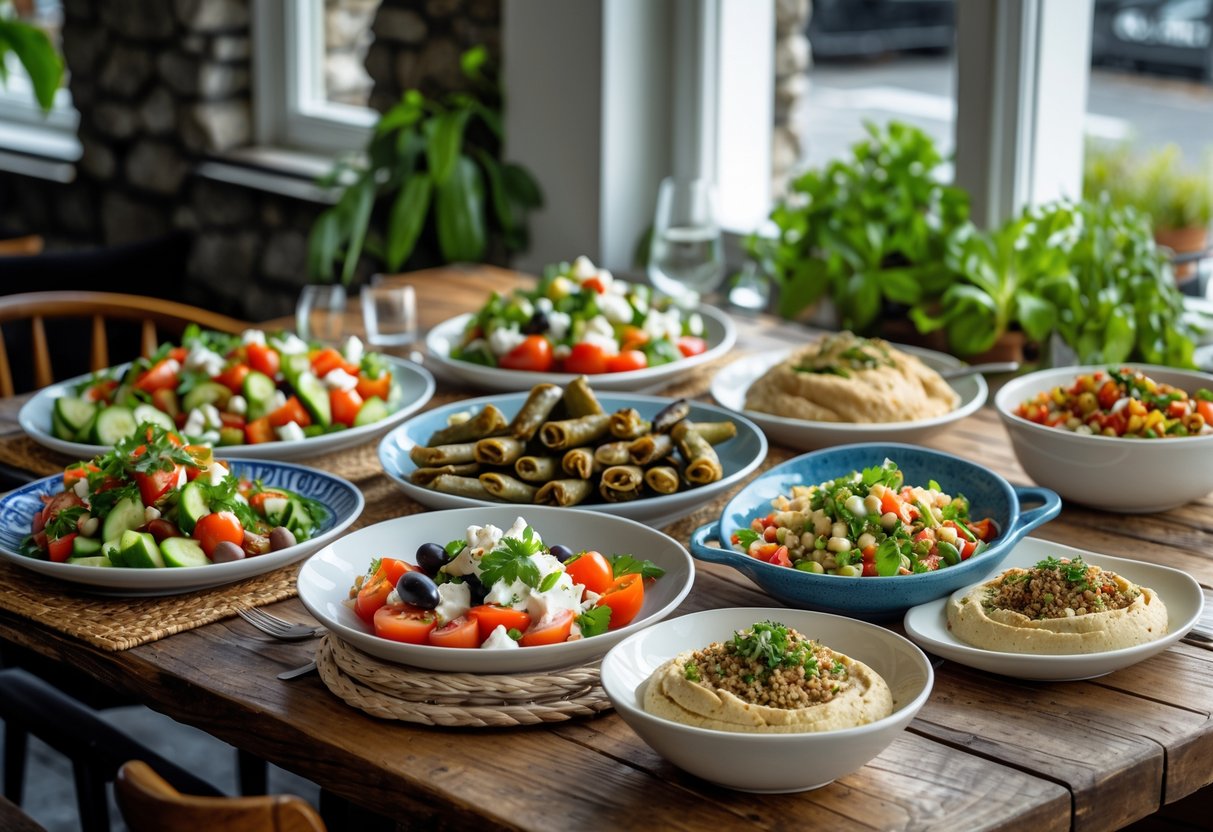 A table with various fresh Greek dishes including salad, grilled vegetables, dolmades, hummus, and quinoa tabbouleh in a bright dining space.