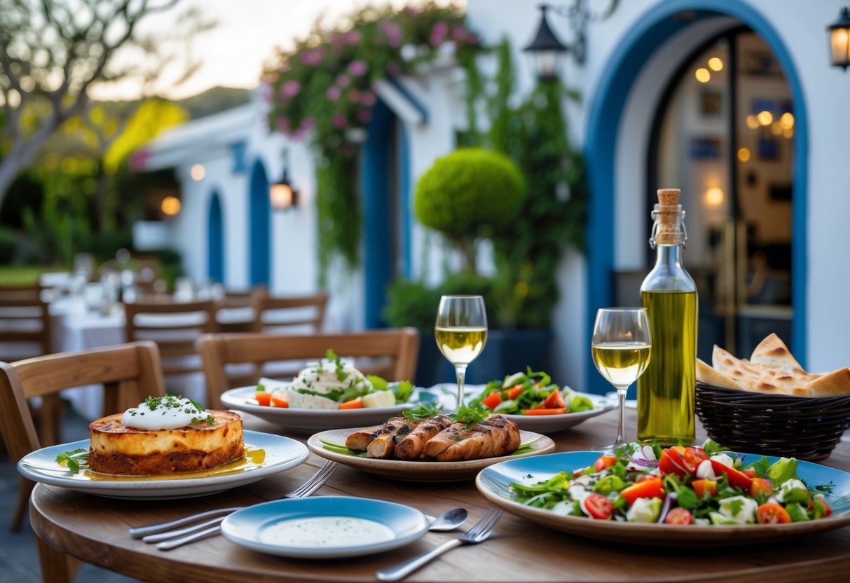 An outdoor table at a Greek restaurant in Cork set with traditional Greek dishes, wine, and olive oil, surrounded by Mediterranean-style architecture and greenery.