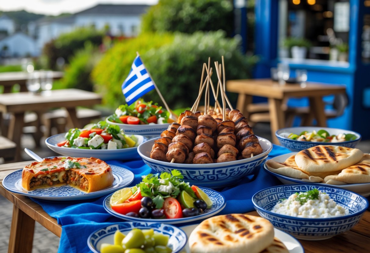 A table outdoors with a variety of Greek dishes including moussaka, grilled skewers, salad with olives and feta, and pita bread, set in a cozy Cork eatery with greenery in the background.