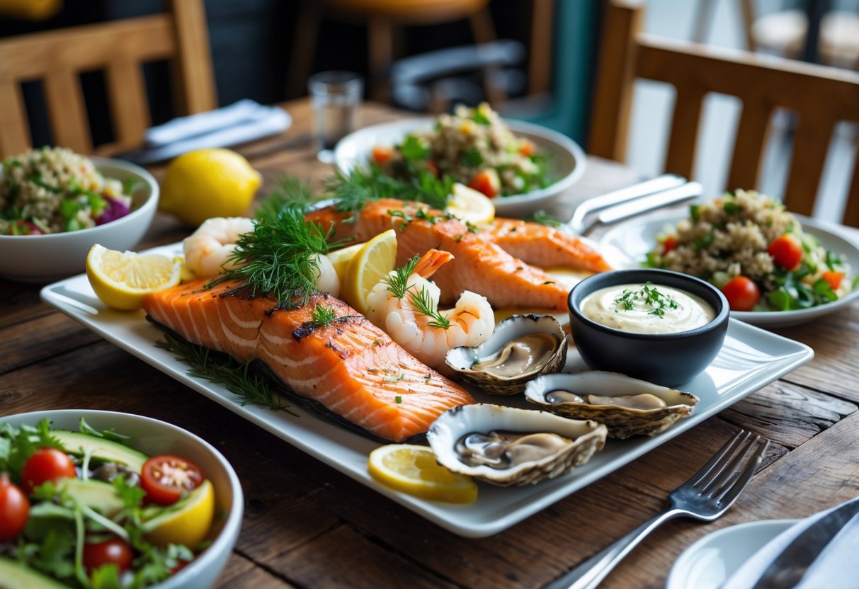 A seafood platter with grilled salmon, shrimp, scallops, and oysters, garnished with lemon and herbs, served with salad and quinoa on a wooden table in a cozy restaurant.