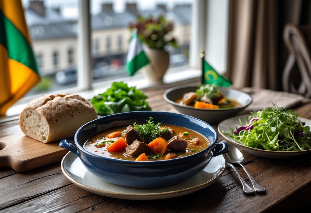 A gluten-free Irish meal with stew, soda bread, and salad on a wooden table with a view of Dublin in the background.