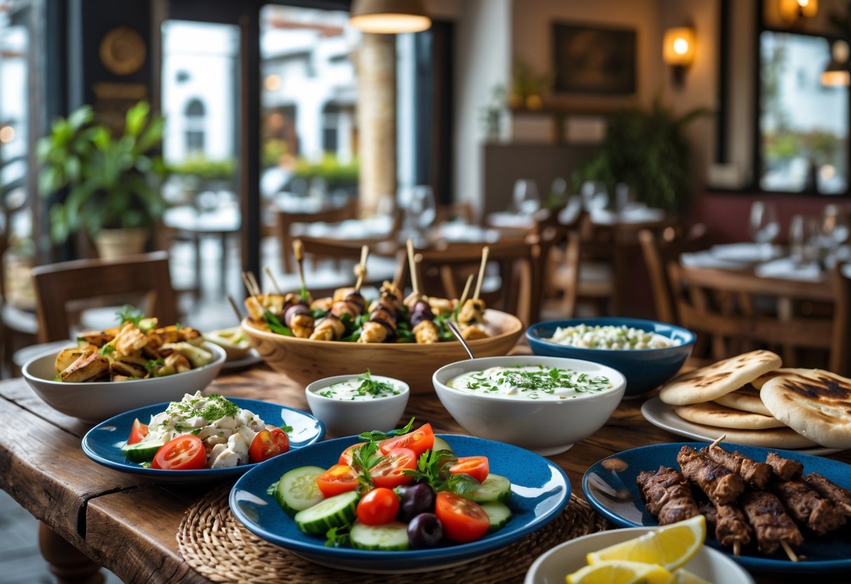 A wooden table displaying various traditional Greek dishes including salad, tzatziki, souvlaki, and pita bread inside a cozy restaurant with a window showing a city view.