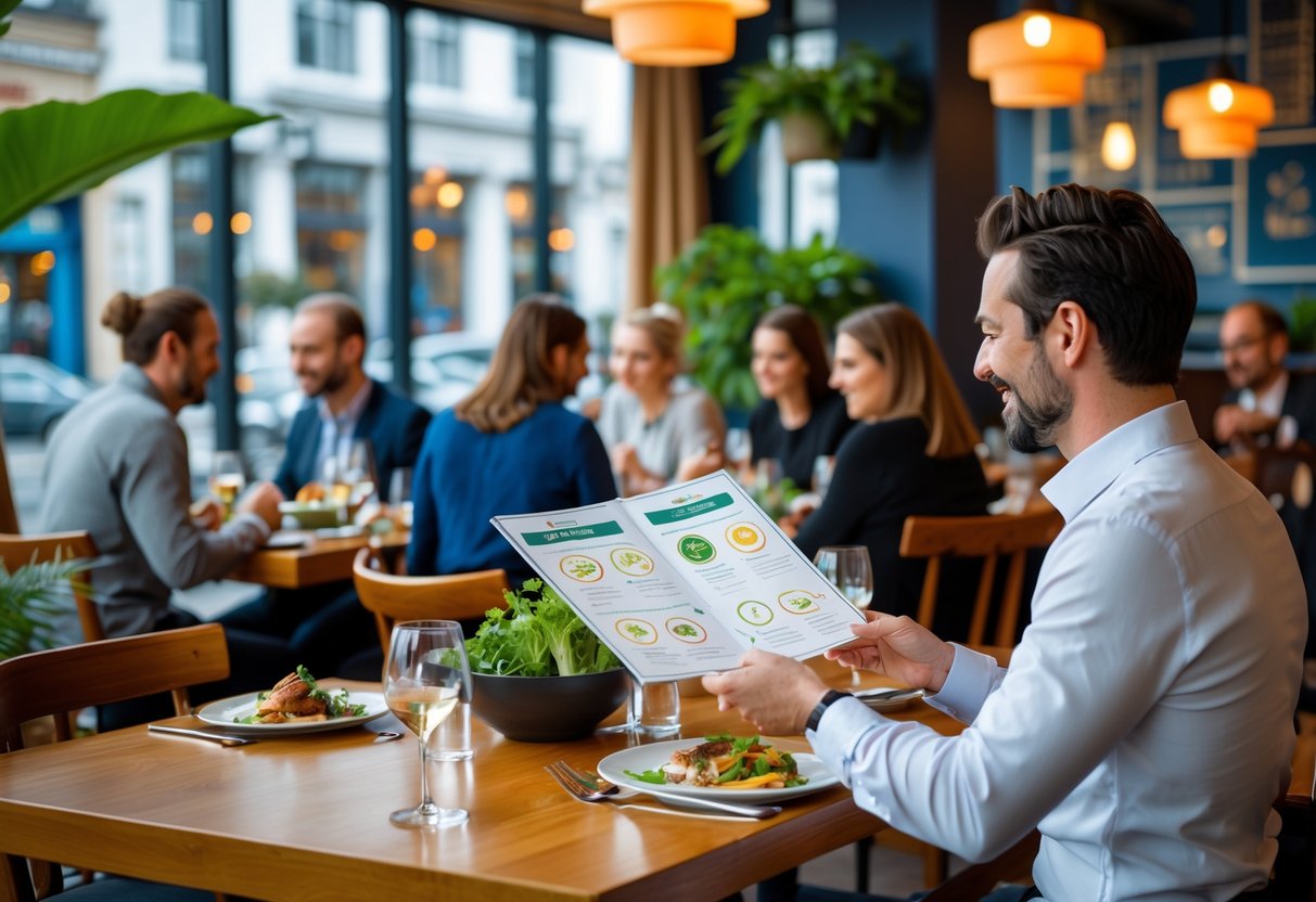 A waiter shows a menu to a customer in a bright restaurant with gluten-free options indicated by icons on the menus, with other diners enjoying meals in the background.
