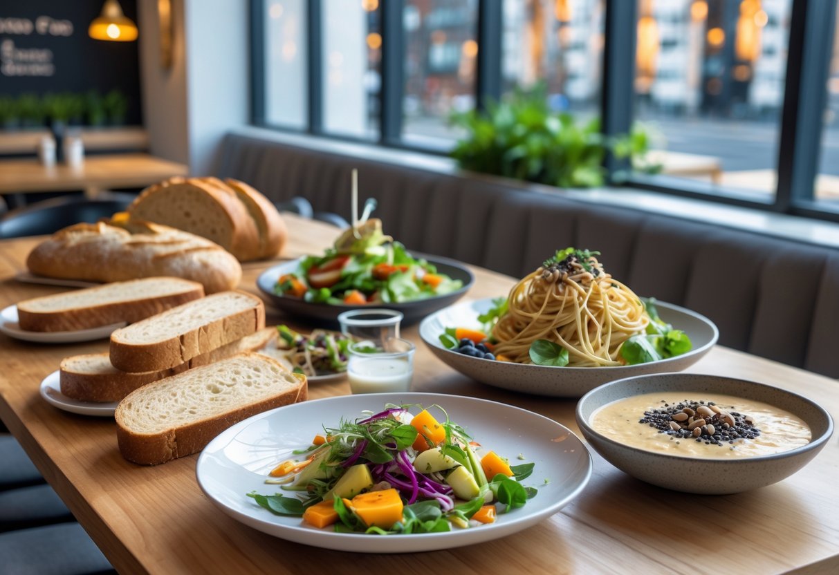 A wooden table in a modern café with various gluten-free dishes including bread, salads, pasta, and smoothie bowls, with natural light and a cozy interior in the background.