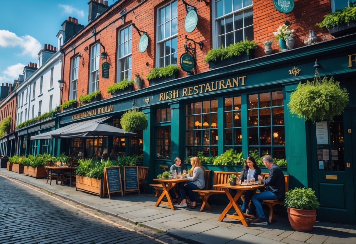 A lively street in Dublin showing a historic gluten-free restaurant with outdoor seating and people enjoying meals on a sunny day.