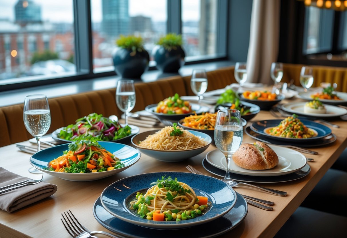 A restaurant table in Dublin with a variety of international gluten-free dishes and a city view in the background.