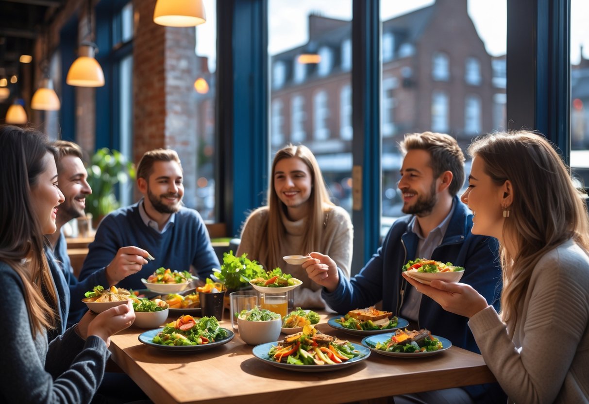 People enjoying gluten-free meals at a cozy café in Dublin with natural light and a view of historic buildings outside.