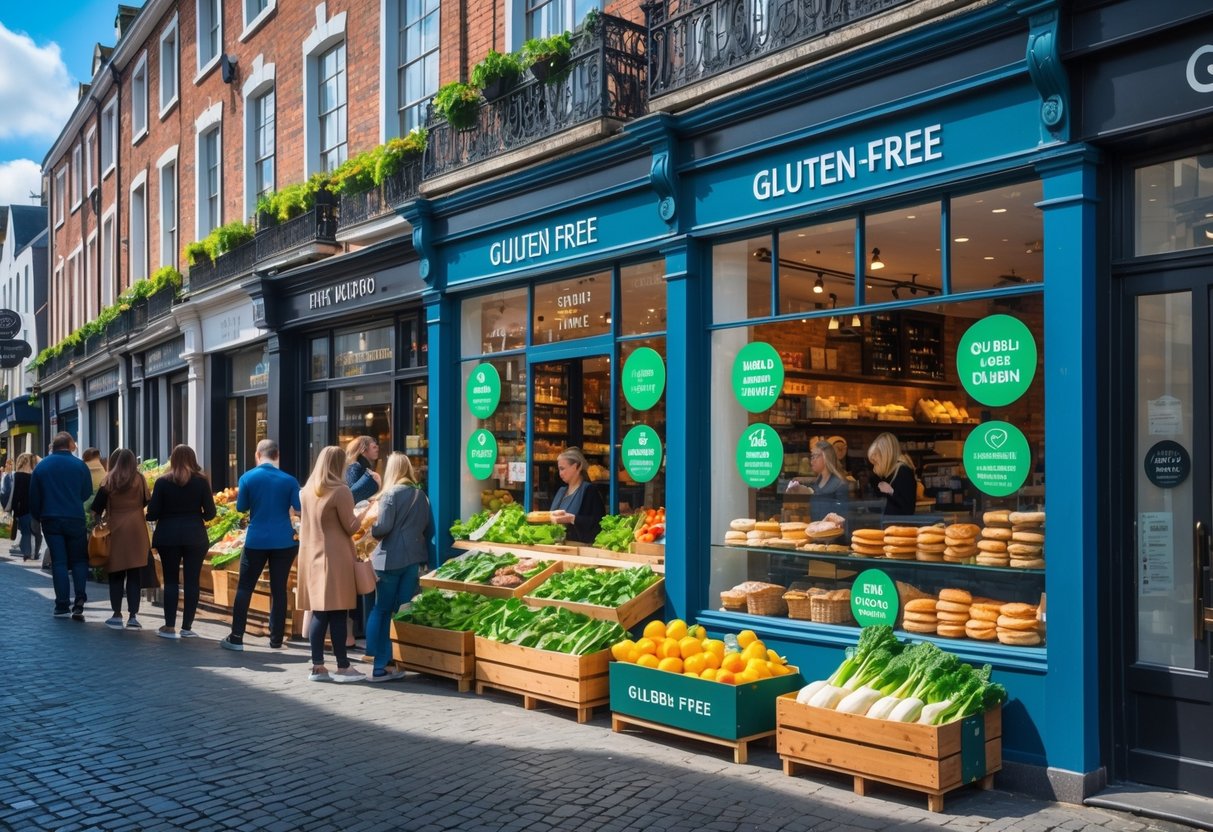 A lively Dublin neighborhood street with cafes and shops displaying fresh gluten-free food items and people enjoying the outdoor area on a sunny day.