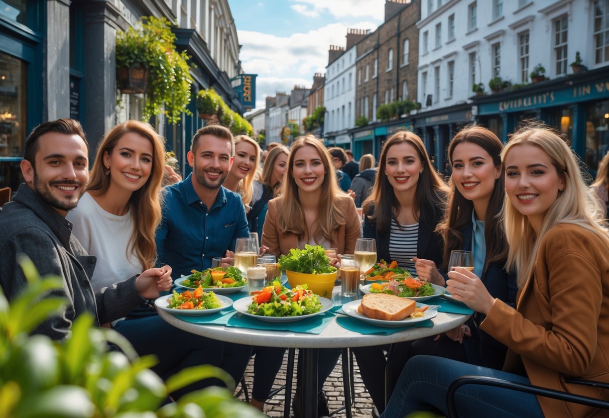 Friends enjoying a gluten-free meal together at an outdoor café in Dublin with historic buildings in the background.