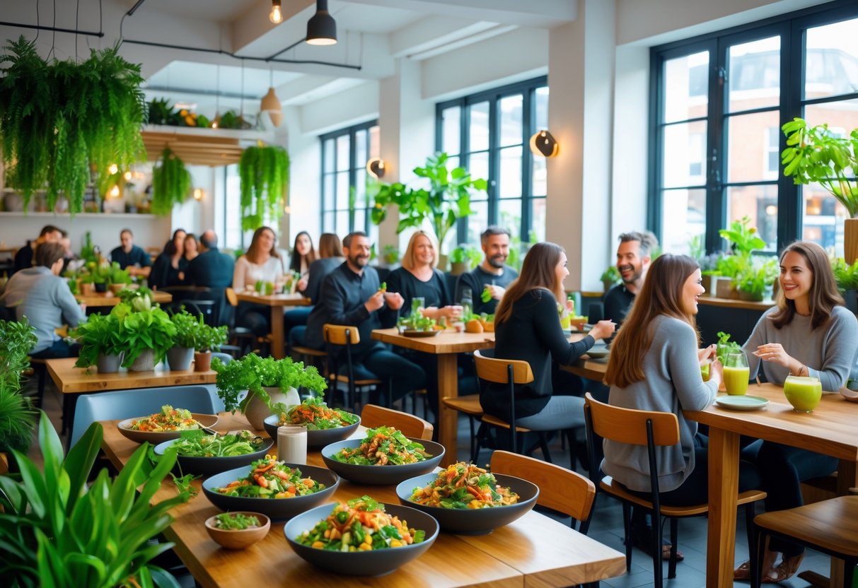 Interior of a bright vegetarian restaurant with fresh plant-based dishes on wooden tables, green plants, and people enjoying meals.