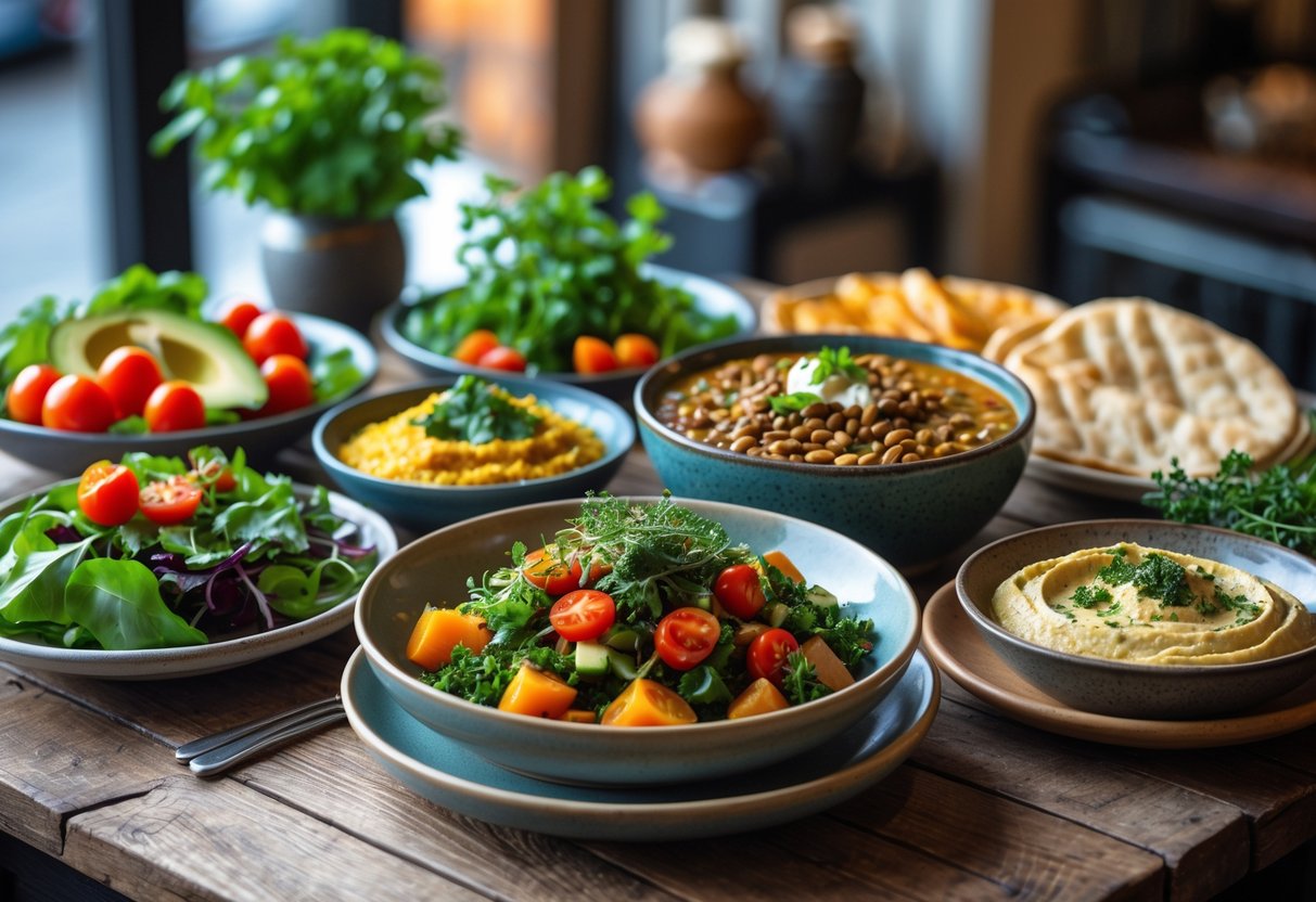 A table with a variety of colorful vegetarian dishes including salad, lentil stew, roasted vegetables, and hummus with pita bread, set in a cozy café environment.
