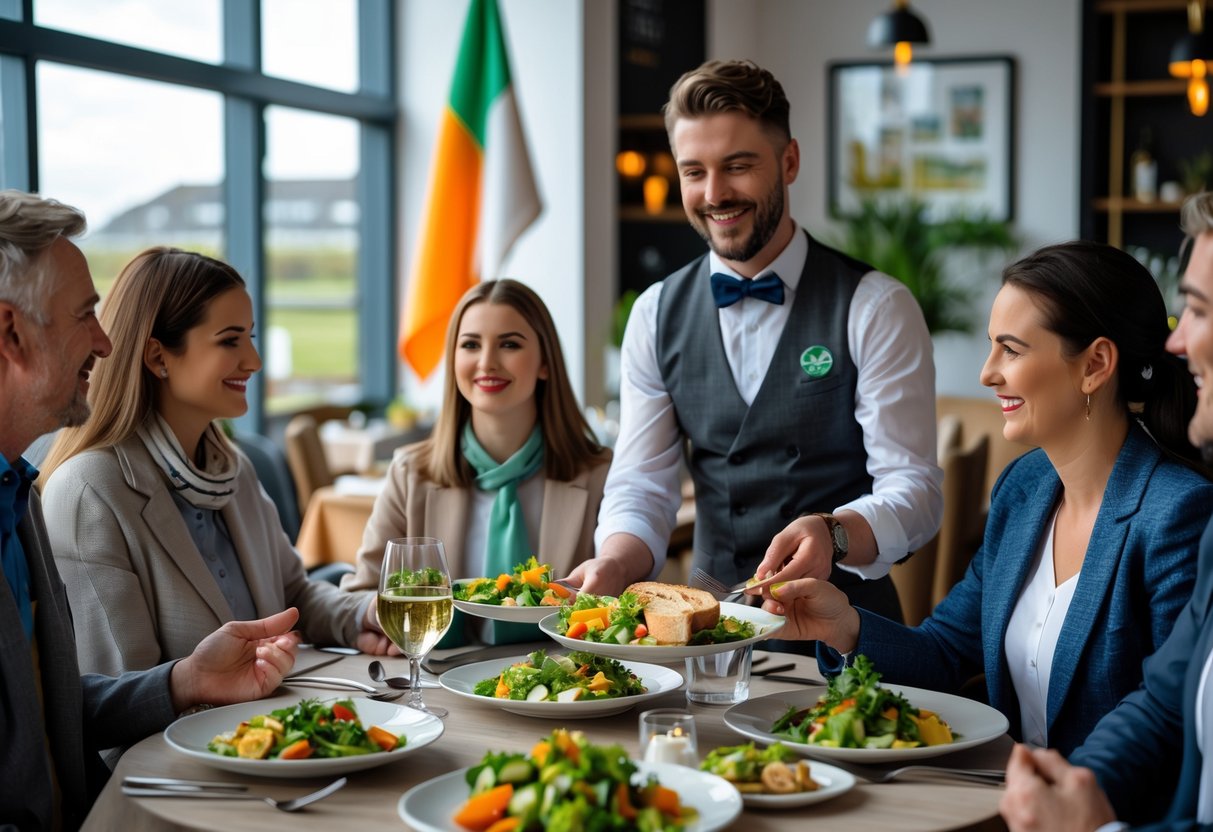 People enjoying a meal in a bright restaurant with a waiter serving gluten-free dishes and Irish decor in the background.