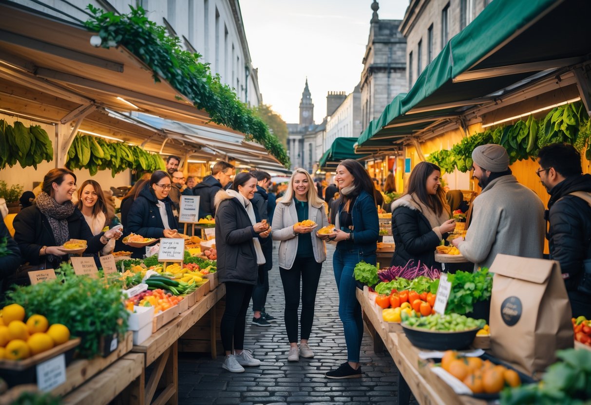 Outdoor food market in Dublin with people enjoying various vegan plant-based dishes at colorful stalls.