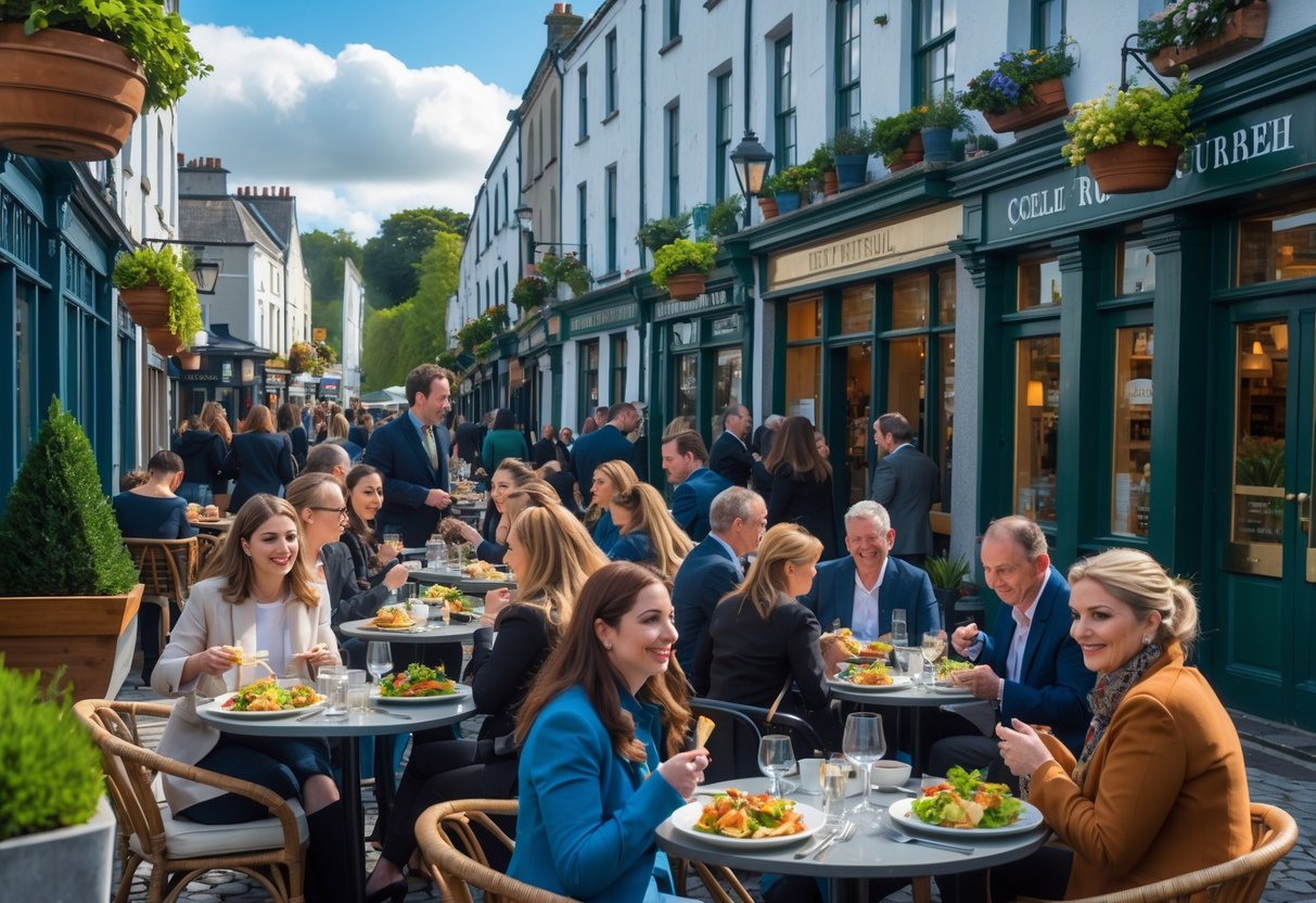 People dining outdoors at cafes in an Irish city, enjoying gluten-free meals on a sunny day.