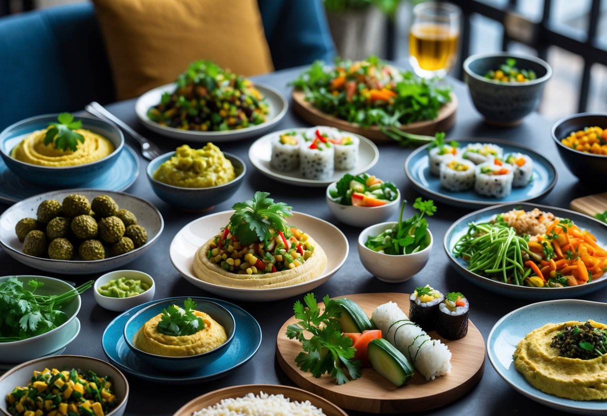 A table with a variety of fresh Middle Eastern and Asian plant-based dishes including falafel, sushi rolls, hummus, and vegetable stir-fry, arranged in a bright dining setting.