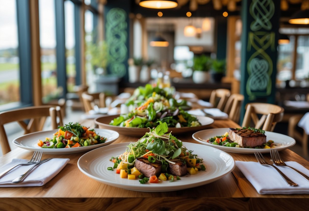A table set with various gluten-free dishes in a cozy restaurant interior with natural light and Irish decor.