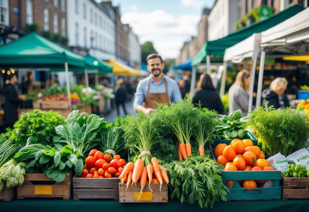 Fresh colorful vegetables and fruits displayed at an outdoor market stall with a vendor in the background in Dublin.