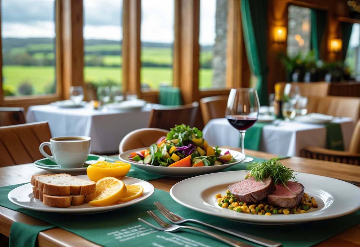 A table set with gluten-free breakfast, lunch, and dinner dishes in a cozy Irish restaurant with wooden decor and large windows showing greenery outside.