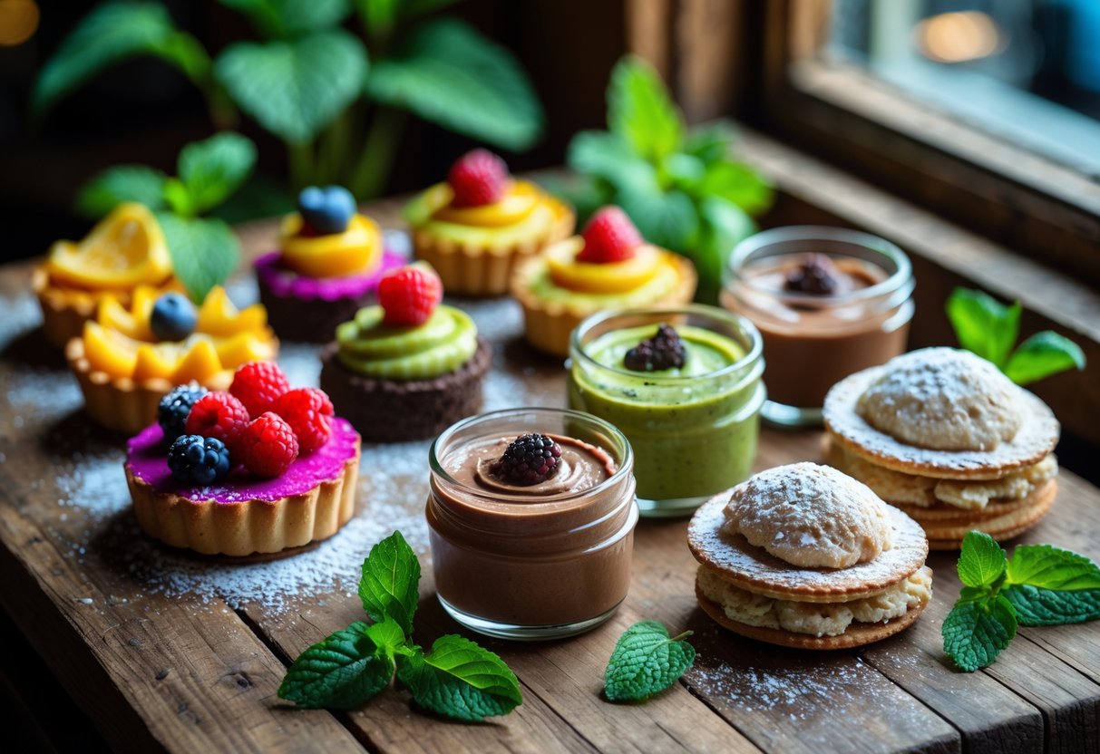 An assortment of colorful vegan desserts and sweet treats displayed on a wooden table with fresh berries and mint leaves.