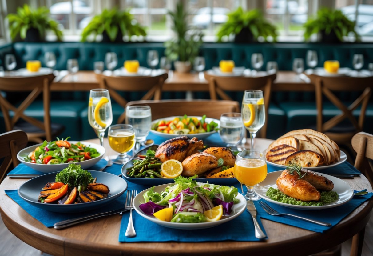 A table set with a variety of gluten-free dishes and drinks in a bright, welcoming Irish restaurant.